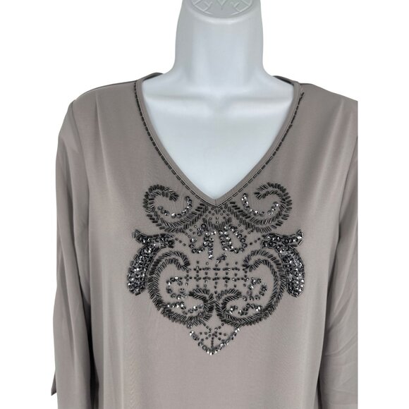 Susan Graver Artisan Womens S Gray Embellished V-Neck 3/4 Sleeve Chiffon Blouse - Picture 2 of 9
